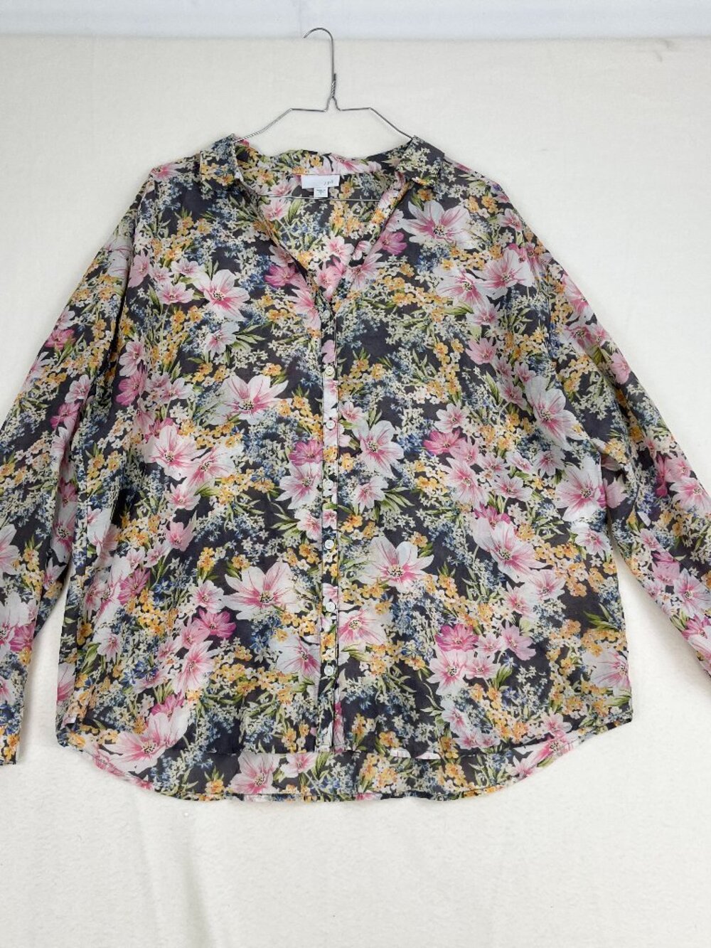 J. Jill Floral Cotton Silk Blouse Long Sleeve Size L